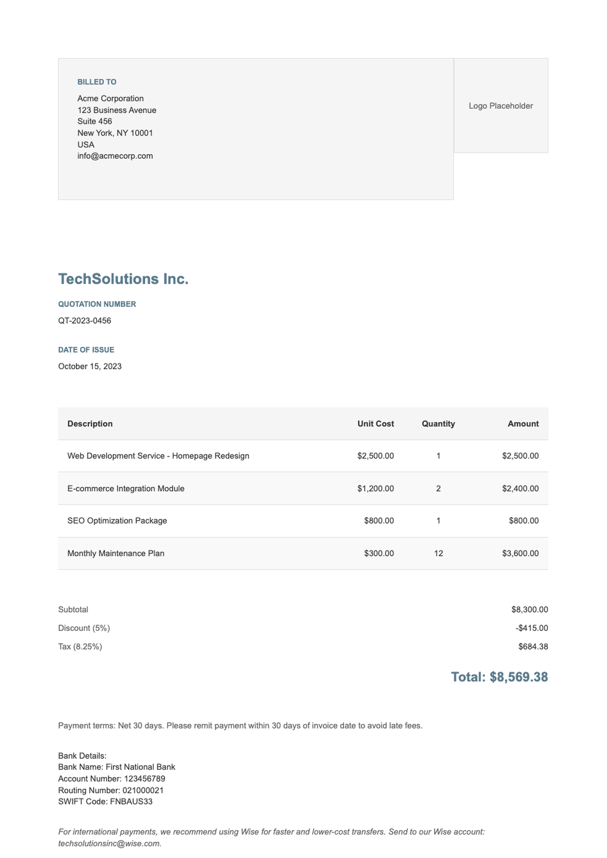 Professional invoice template with Wise payment option and placeholder fields_variant_1